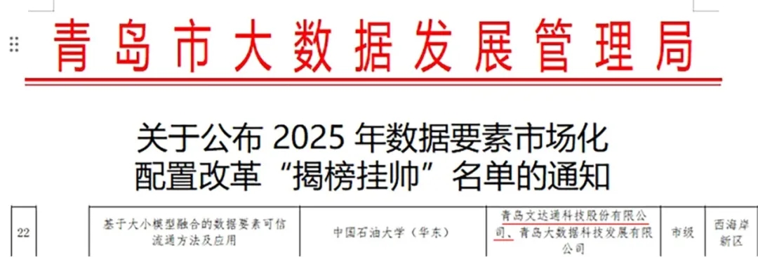文達通股份成功入選2025年數(shù)據(jù)要素市場化配置改革“揭榜掛帥”名單